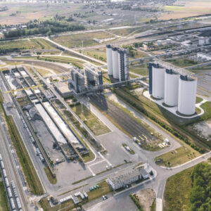 Aerial view of silos and railroad tracks leading to them, Opole.